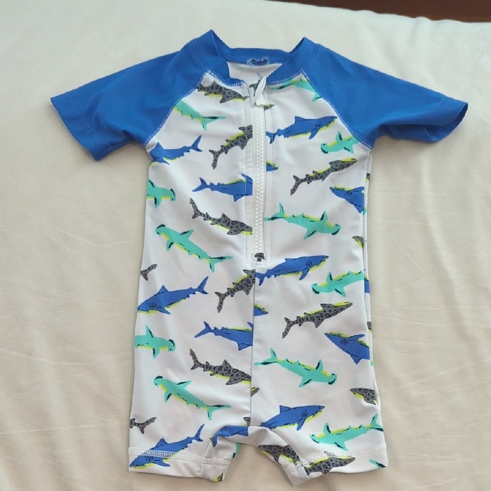 Old Navy - Blue and White Rashguard with Shark Print. 6-12 Months